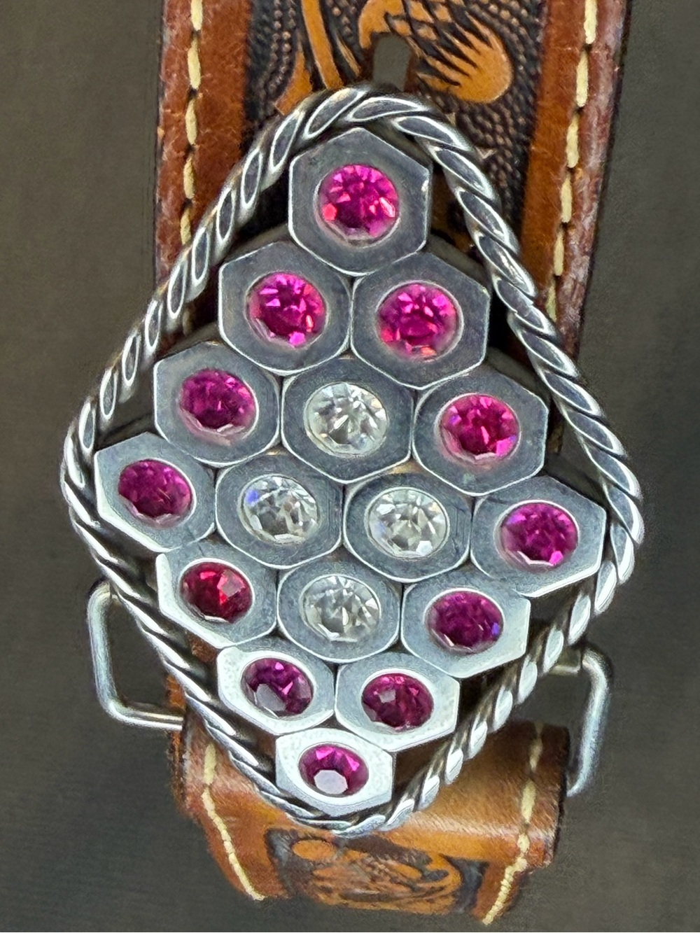Vintage Brand By Caldwell Tooled Leather Western Belt Pink Rhinestone Buckle 34